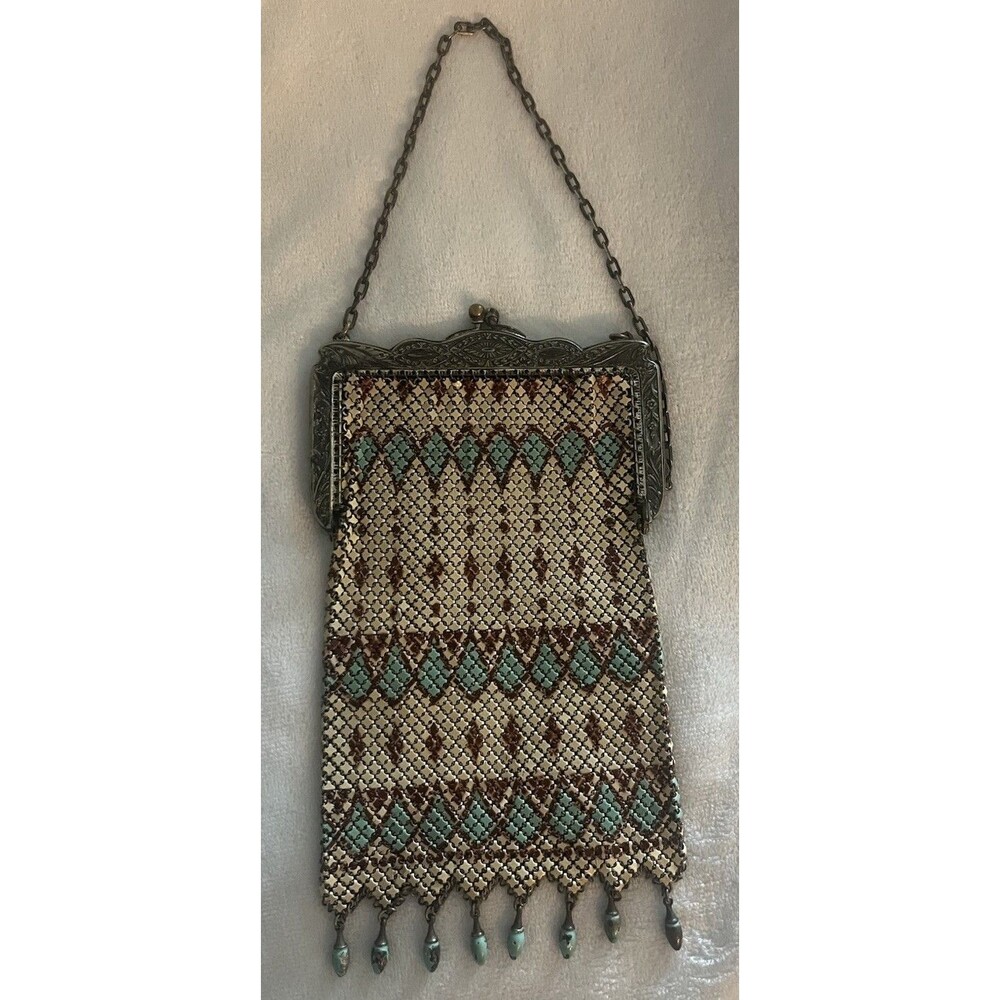 Antique 1920s Mandalian Mfg Co Enameled Mesh Purse Art Deco Flapper Bag Signed